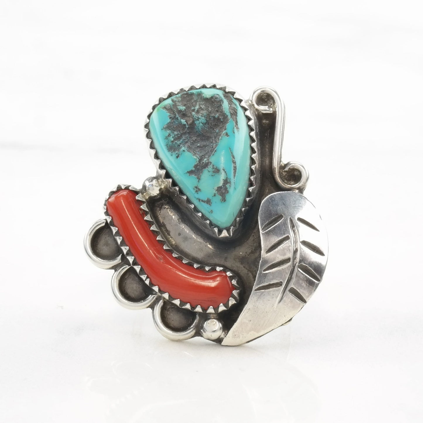 Native American Ring Turquoise, Coral Feather Sterling Silver Size 5 1/2