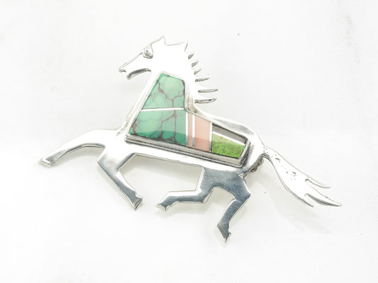 Southwest Sterling Silver Brooch Inlay Horse Turquoise MOP Onyx