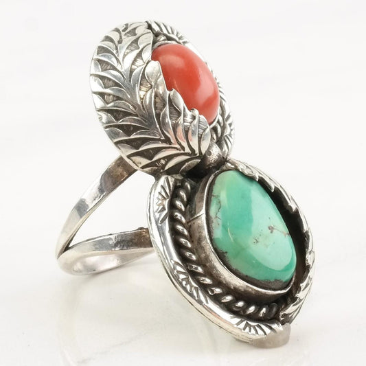 Vintage Native American Silver Ring Turquoise Coral Leaf Double Sterling Size 7 3/4