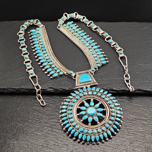 VMB Vintage Blue Turquoise Cluster Necklace in Sterling Silver