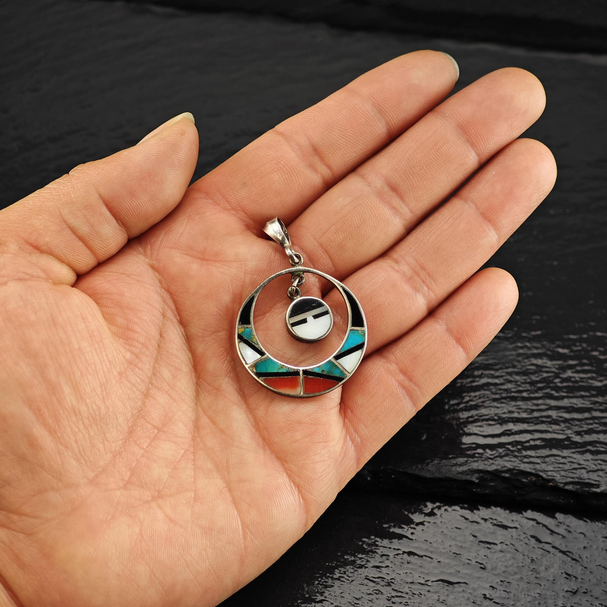 Native American Sunface Multistone Inlay Sterling Silver Pendant P3163