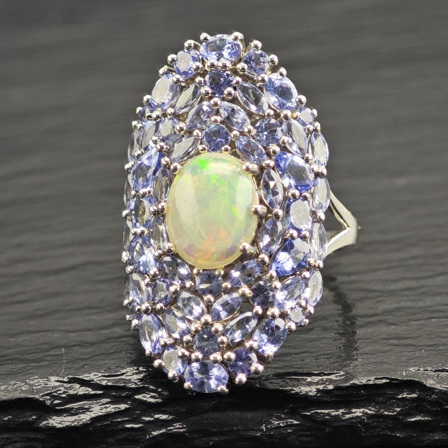 Opal & Tanzanite Cluster Sterling Silver Ring Sz 10 1/4 R6614