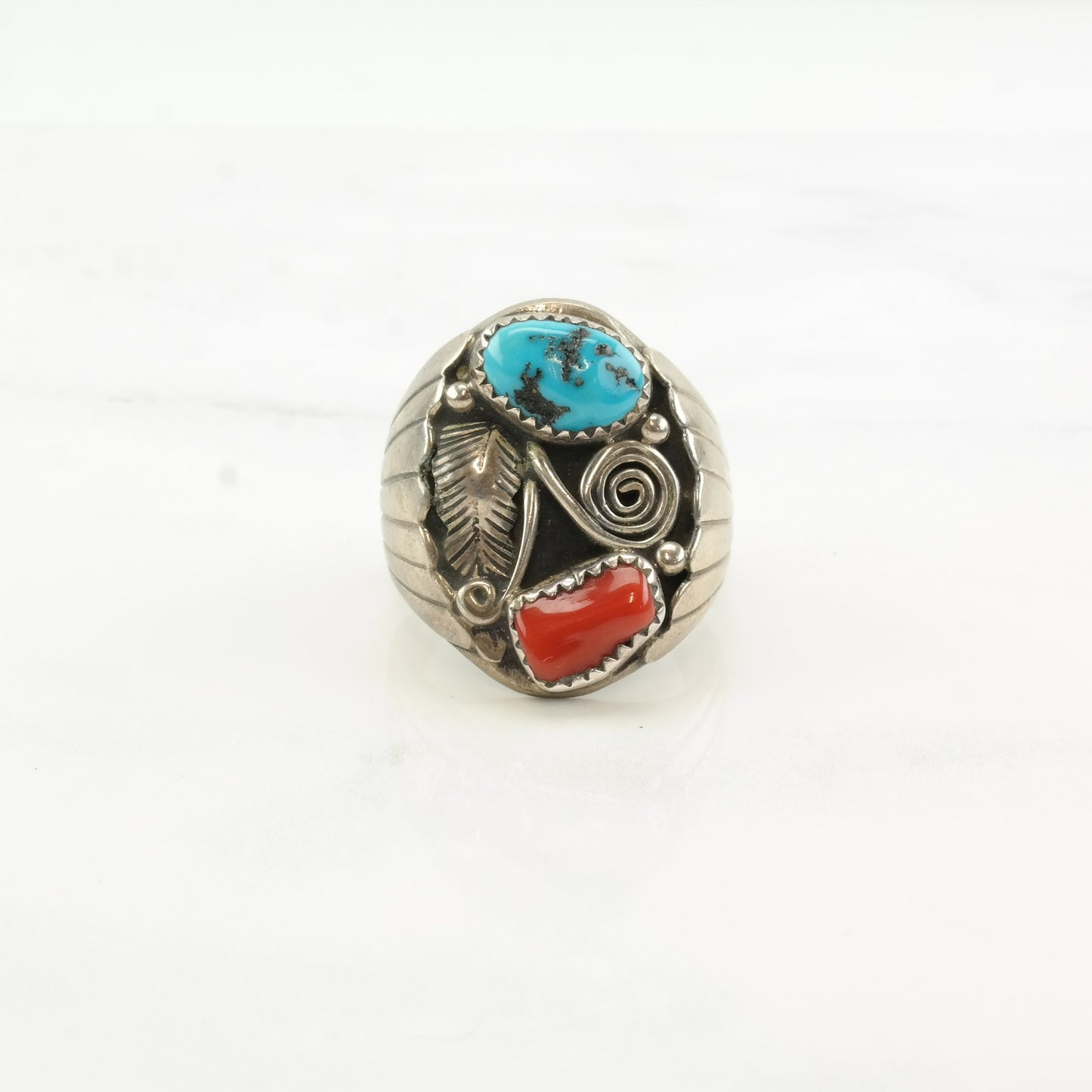 Native American Silver Ring Turquoise Coral Leaf Swirl Sterling Size 11