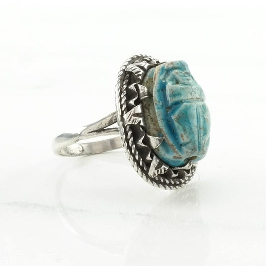 Archeological Revival Silver Ring Wood Carved Scarab Sterling Blue Size 7