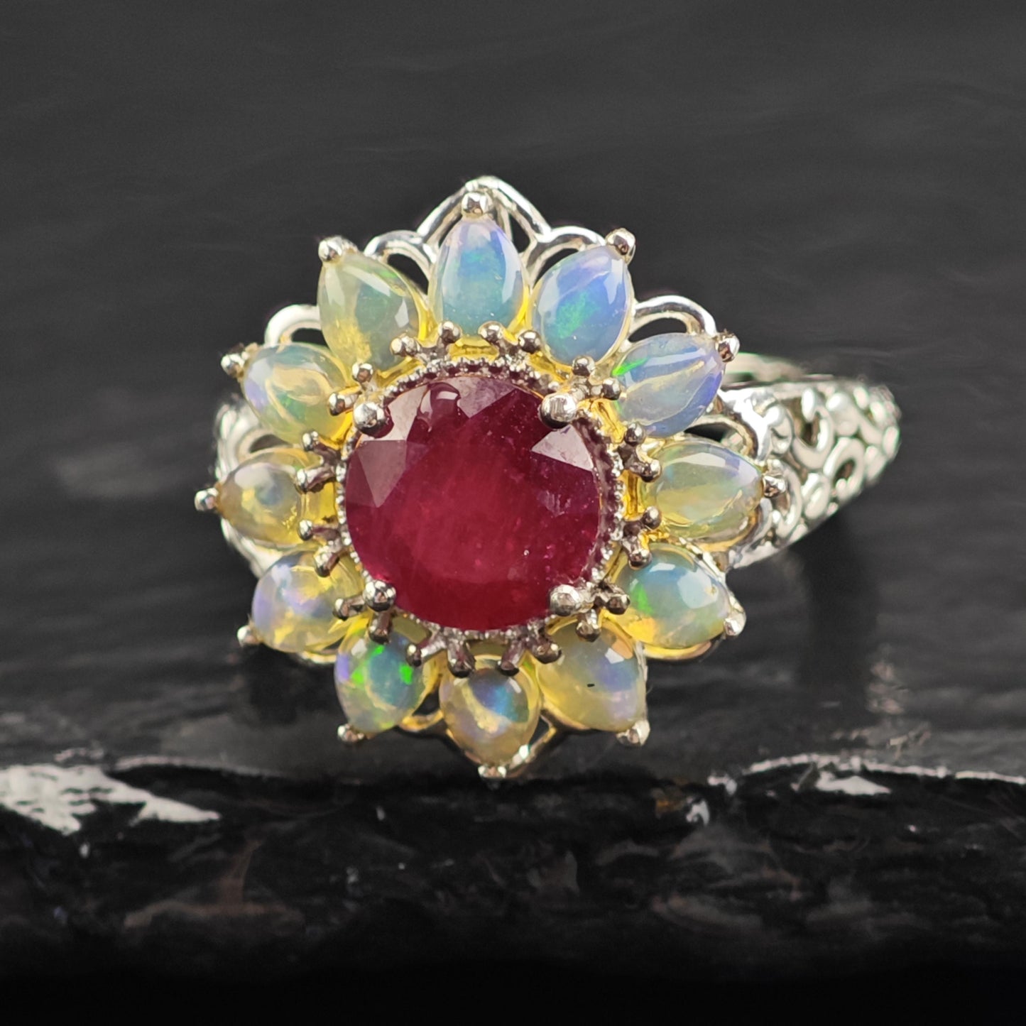 Opal LGF Ruby Flower Design Sterling Silver Ring Sz 5 1/4 R6563