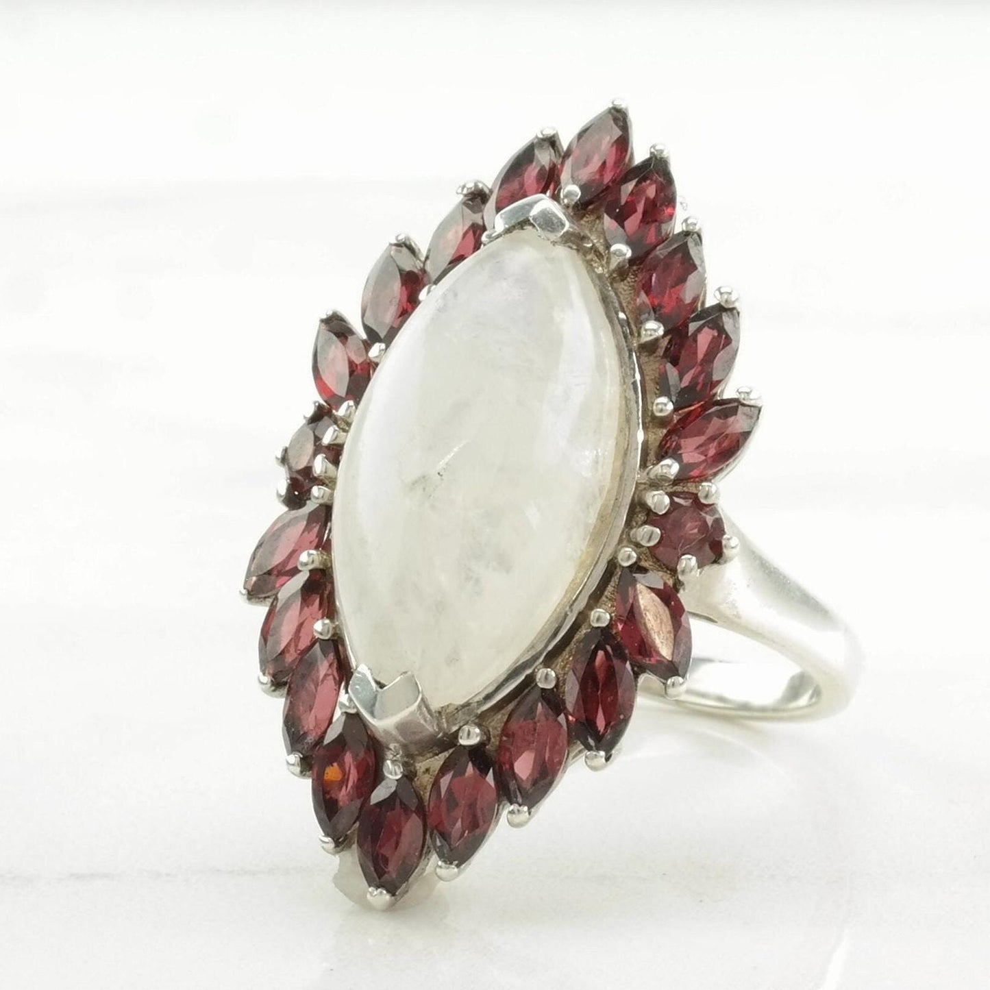 Vintage Sterling Silver Ring Moonstone, Garnet Pink Size 9