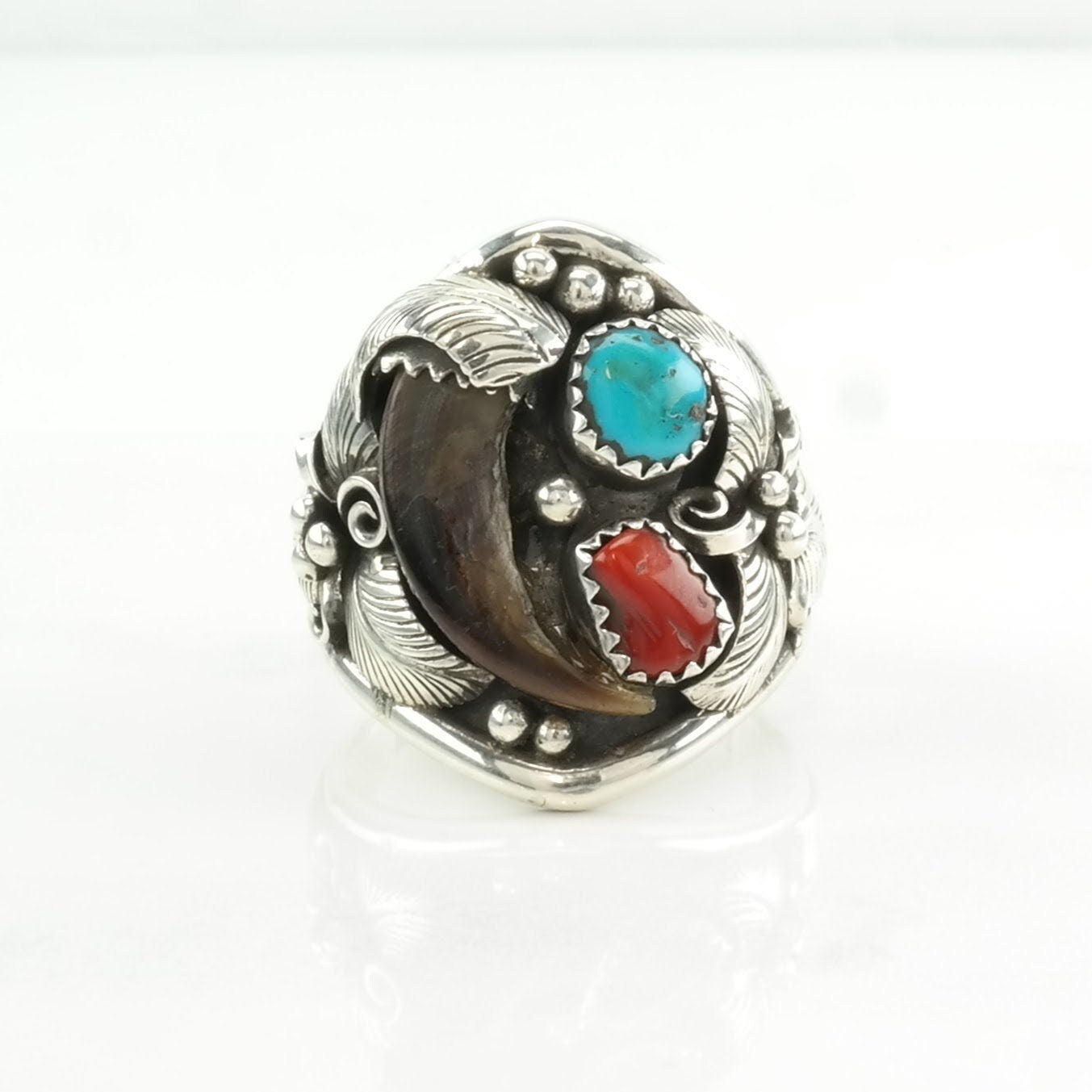 Native American Silver Ring Turquoise, Coral, Coyote Claw Leaf Sterling Blue, Red Size 12 1/2