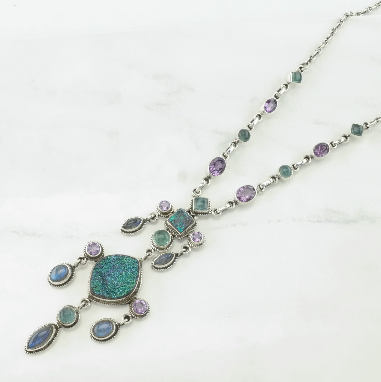 Nicky Butler Dangle Necklace Sterling Silver Purple, Green Labradorite, Amethyst, Druzy