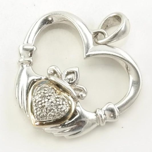 Vintage Alwand Vahan Diamond Claddagh,14K gold accents Sterling Silver Pendant