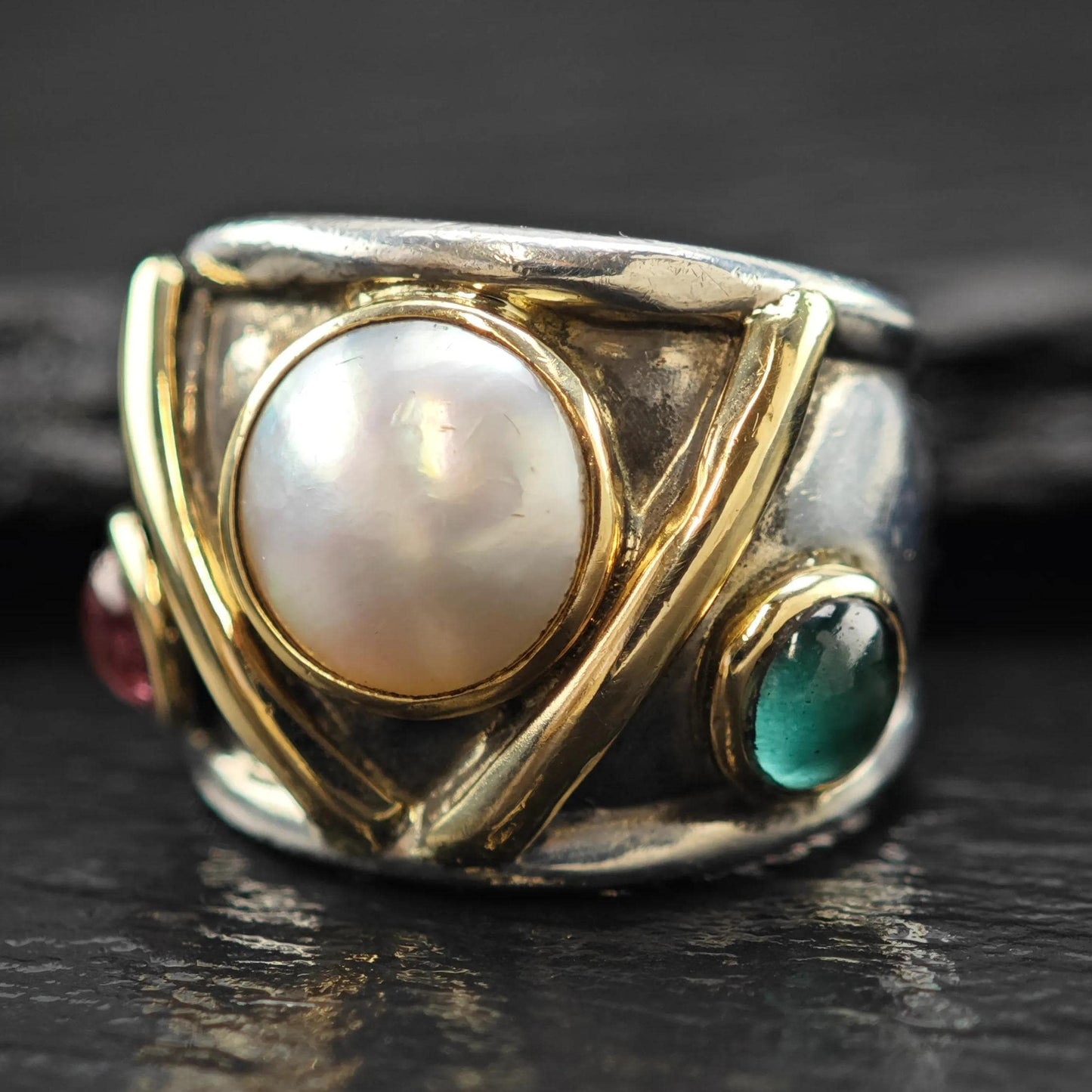 Pearl, Tourmaline Gold Accent Ring Sterling Silver Sz 6