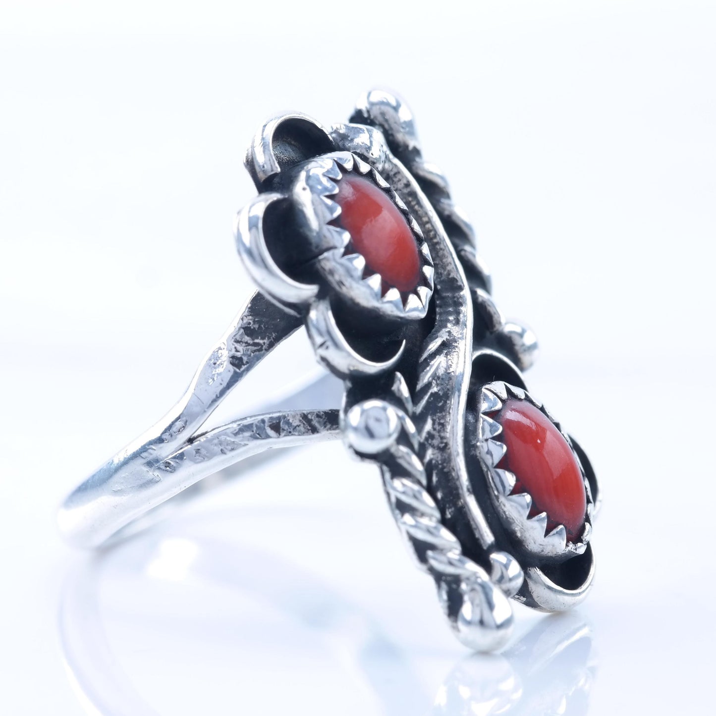 Sw Silver Ring Coral Floral, Shadow Box Sterling Red Sz5 R5418