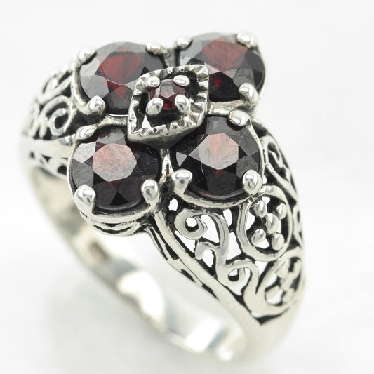 Vintage Garnet Filigree Sterling Silver Ring Red Size 5 3/4