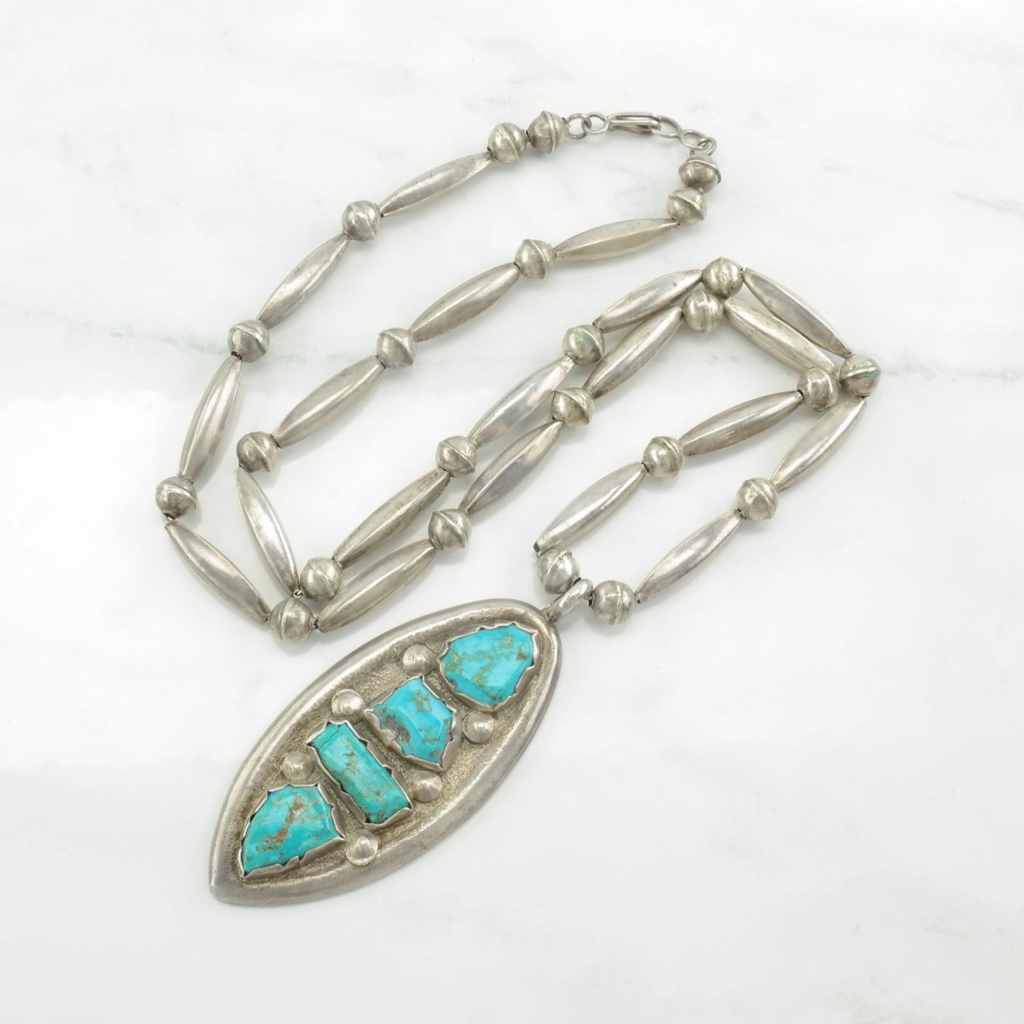 Native American Sterling Silver Turquoise Beaded Necklace