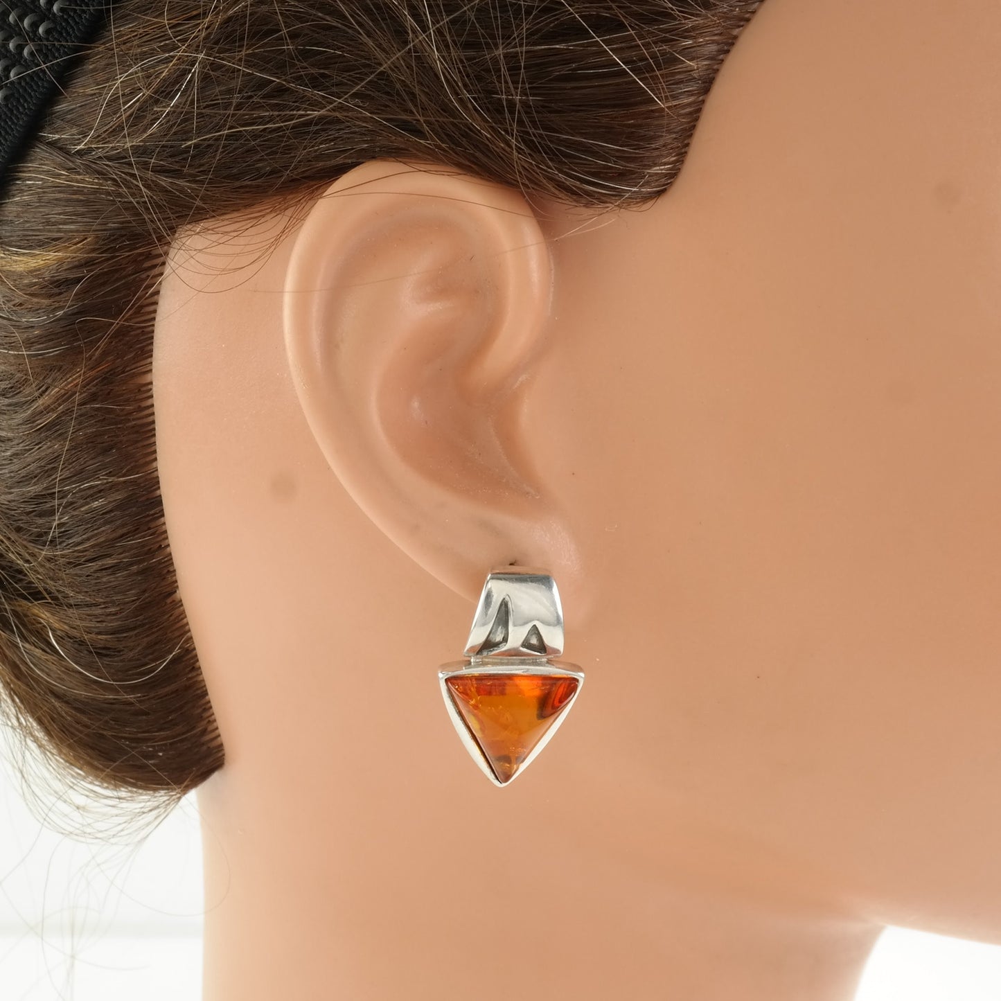 Vintage Sterling Silver Stud Earrings Orange Amber Stamped