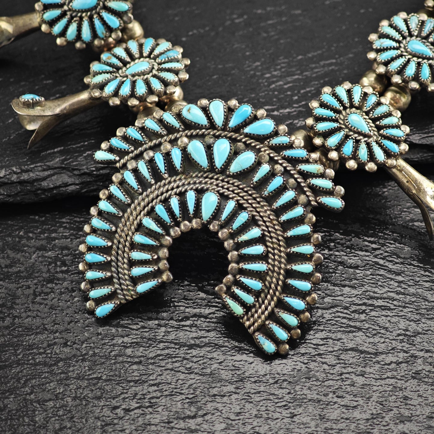 Vintage Navajo, Turquoise Floral Sterling Silver Squash Blossom Necklace