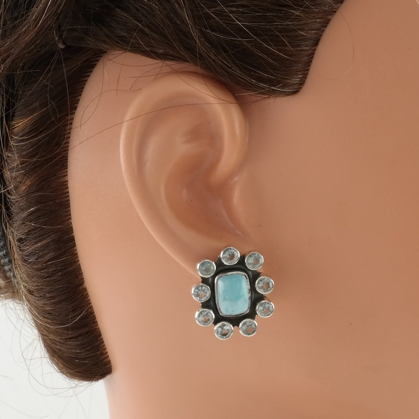 Sterling Silver Stud Earrings Blue Larimar, Aquamarine Cluster