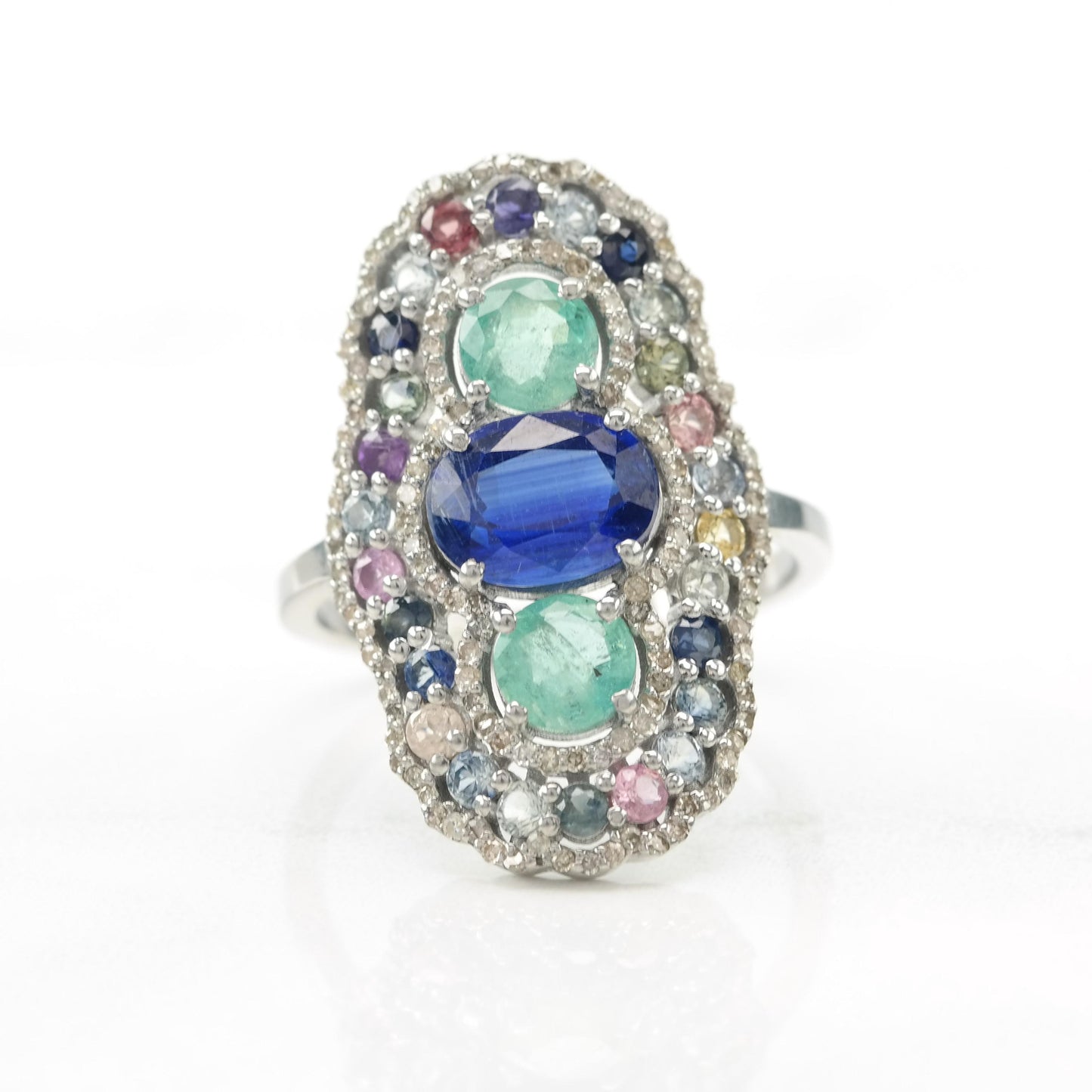 Emerald Diamond Sapphire Silver Ring Sterling