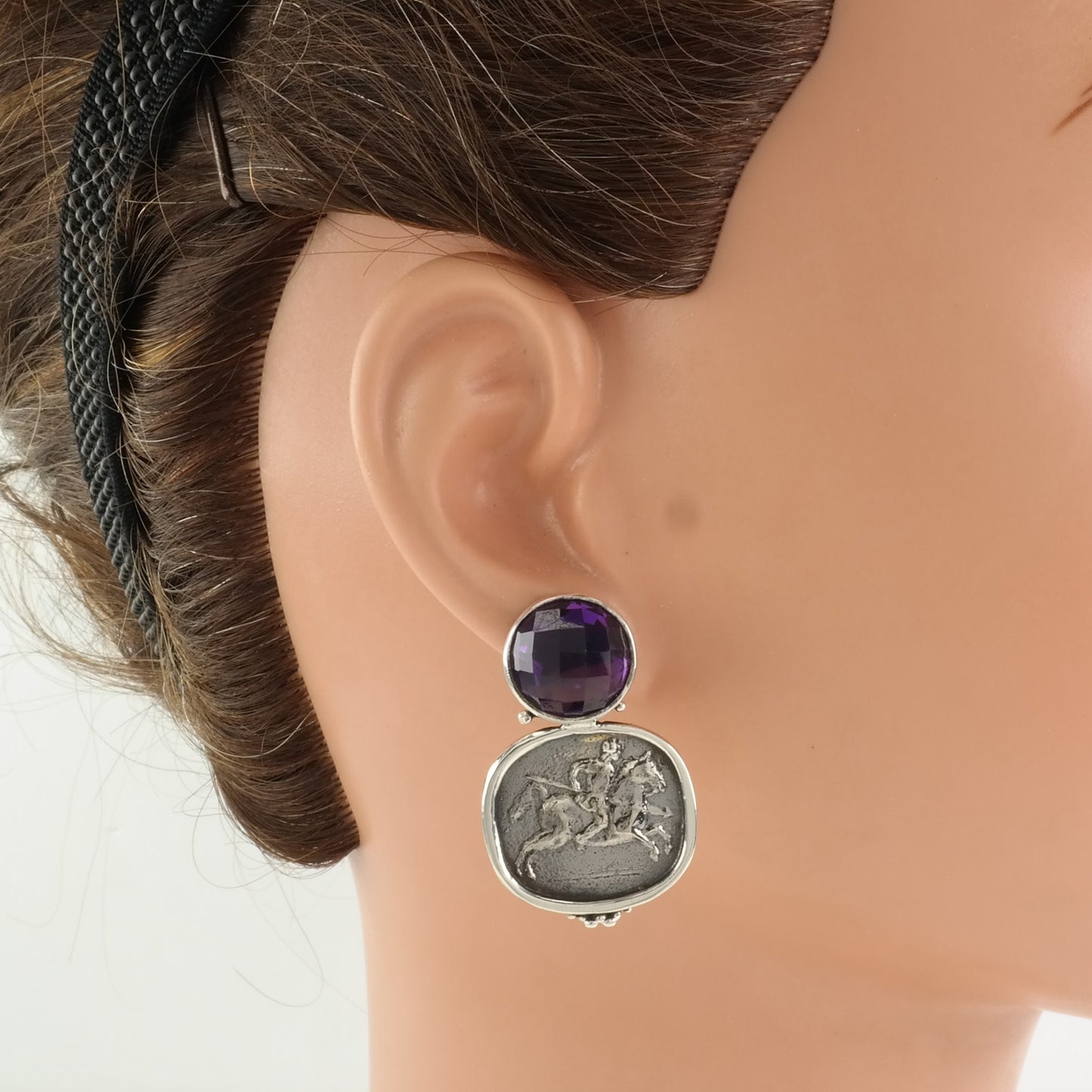 Vintage Sevan Stud Dangle Earrings Equestrian Sterling Silver Purple Amethyst Polo Rider