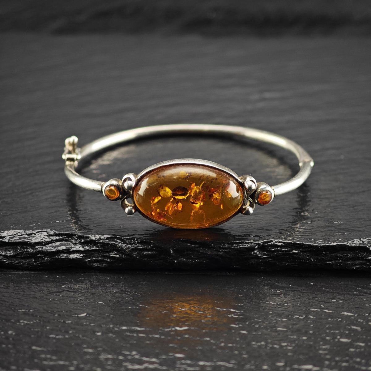 Oval Amber Sterling Silver Bangle Sz 6 1/4" BR3187