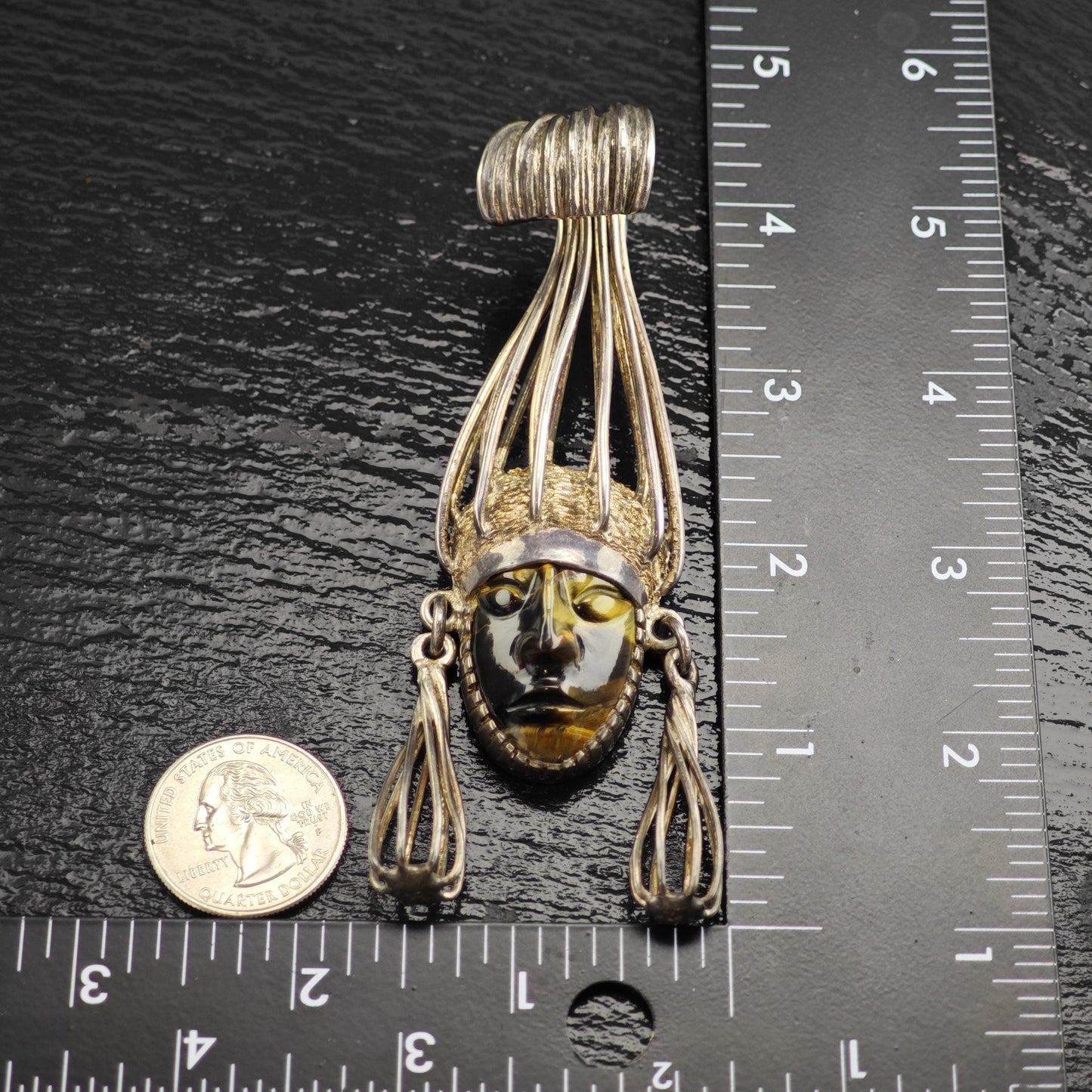 Taxco carved Tiger's Eye Aztec Warrior Pendant, Sterling Silver