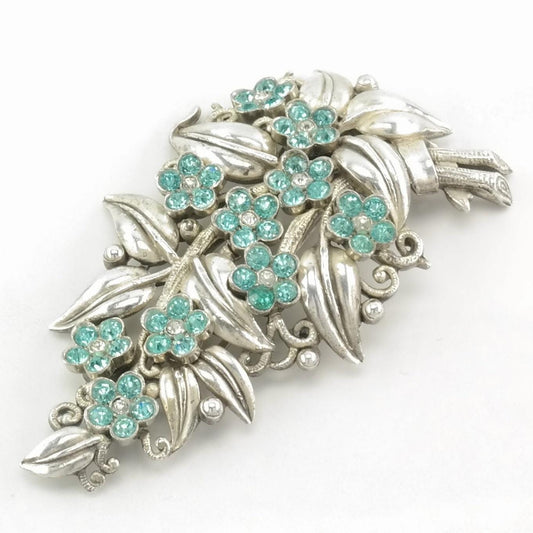 Crown Trifari Sterling Silver Brooch Floral Blue Colored Gemstone