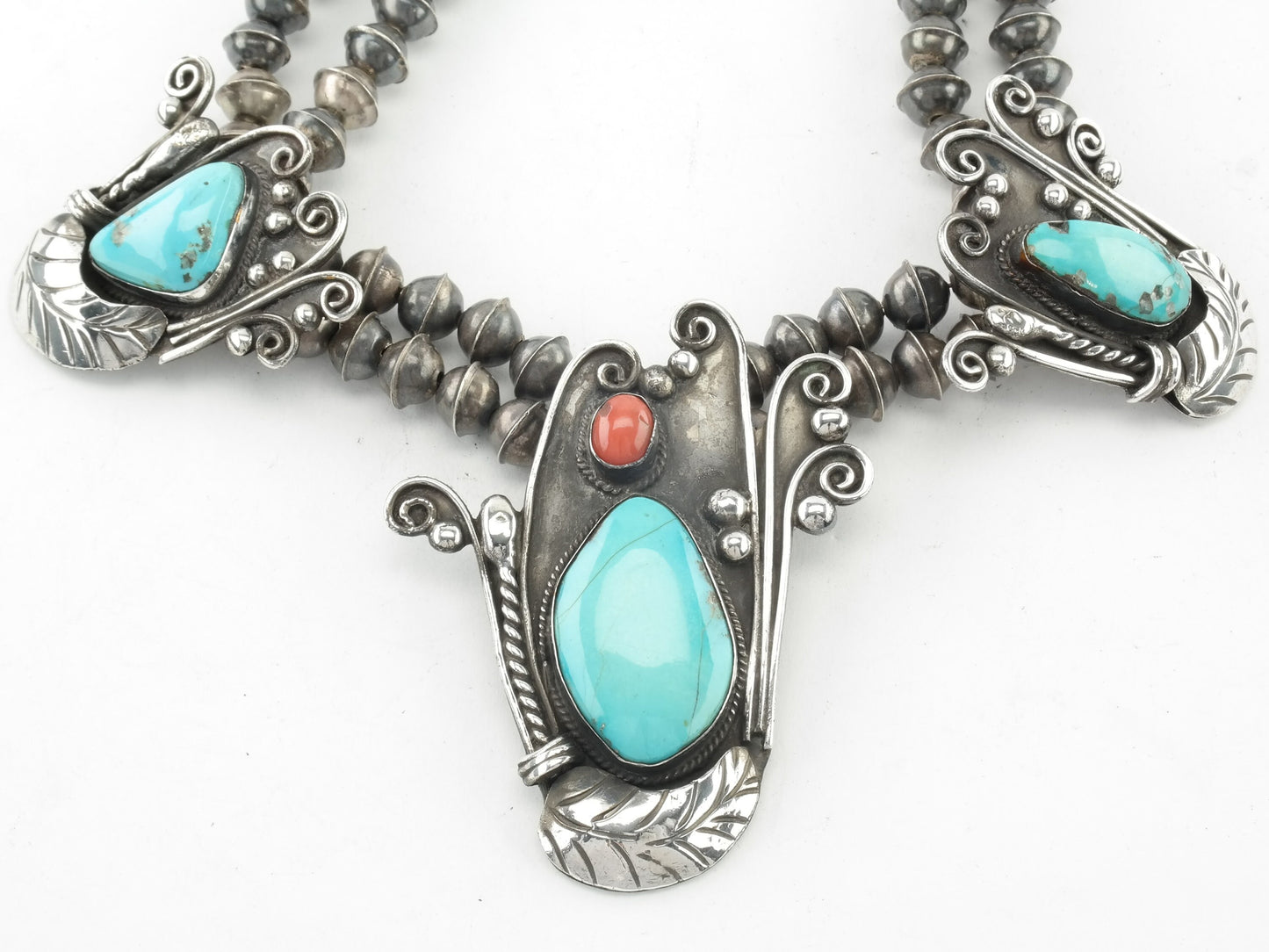 Vintage Native American Sterling Silver Turquoise Coral Feather Necklace