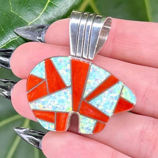 Vintage Navajo Sterling Silver Coral and Lab Opal Bear Pendant/Brooch by Chester Benally, Native American Jewelry