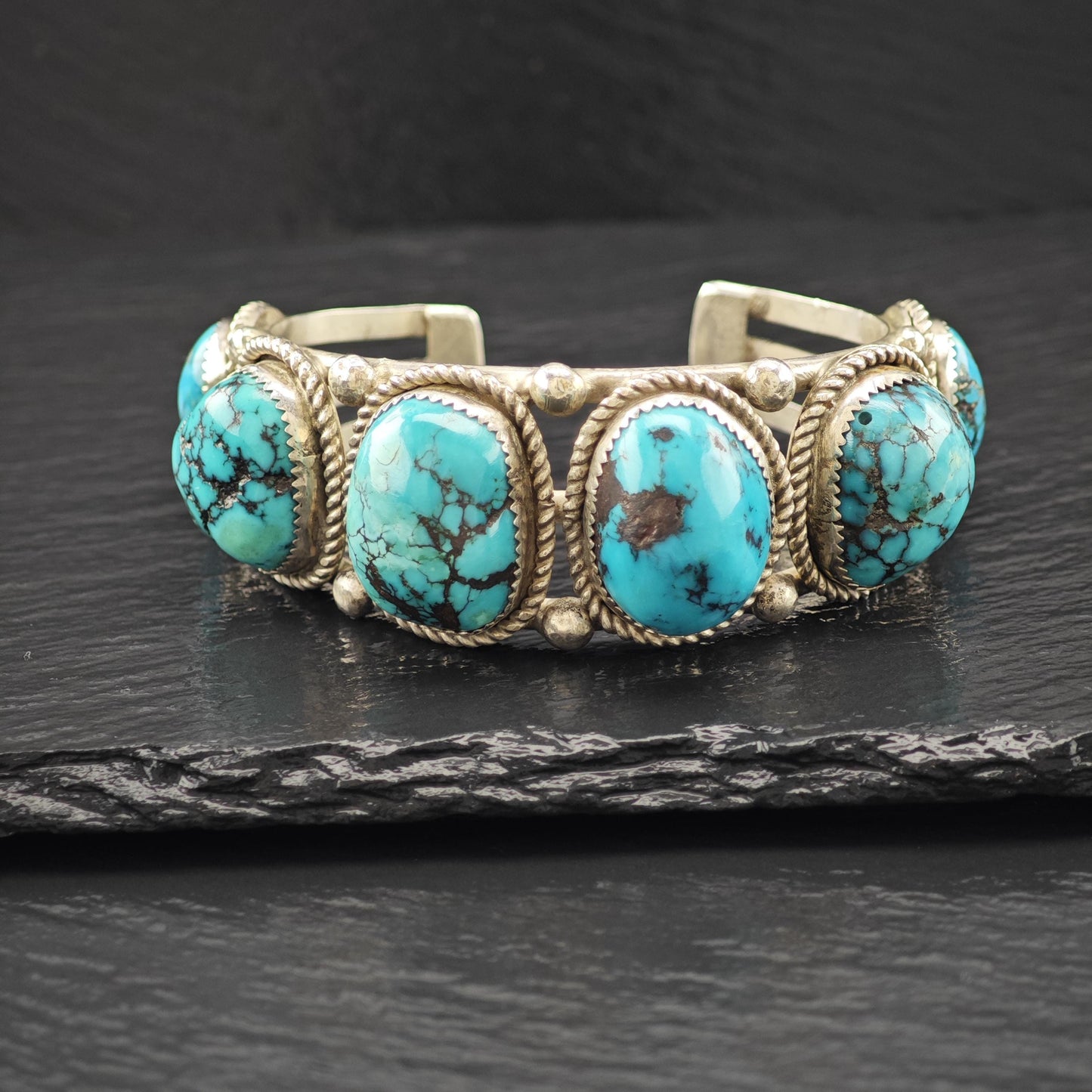 Vintage SW Six Spiderweb Turquoise Row Cuff Bracelet Sterling Silver Sz 6 1/2"