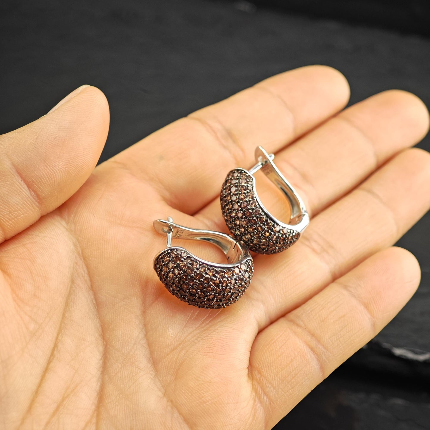 Pave, Brown CZ Stud/Huggie Sterling Silver Earrings ER3116