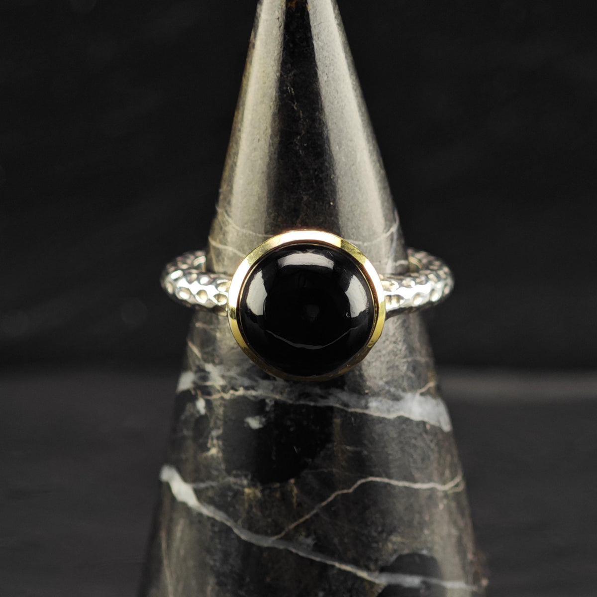 Vintage Midas Onyx 14K Gold Bezel Sterling Silver Ring Sz 7 R6859