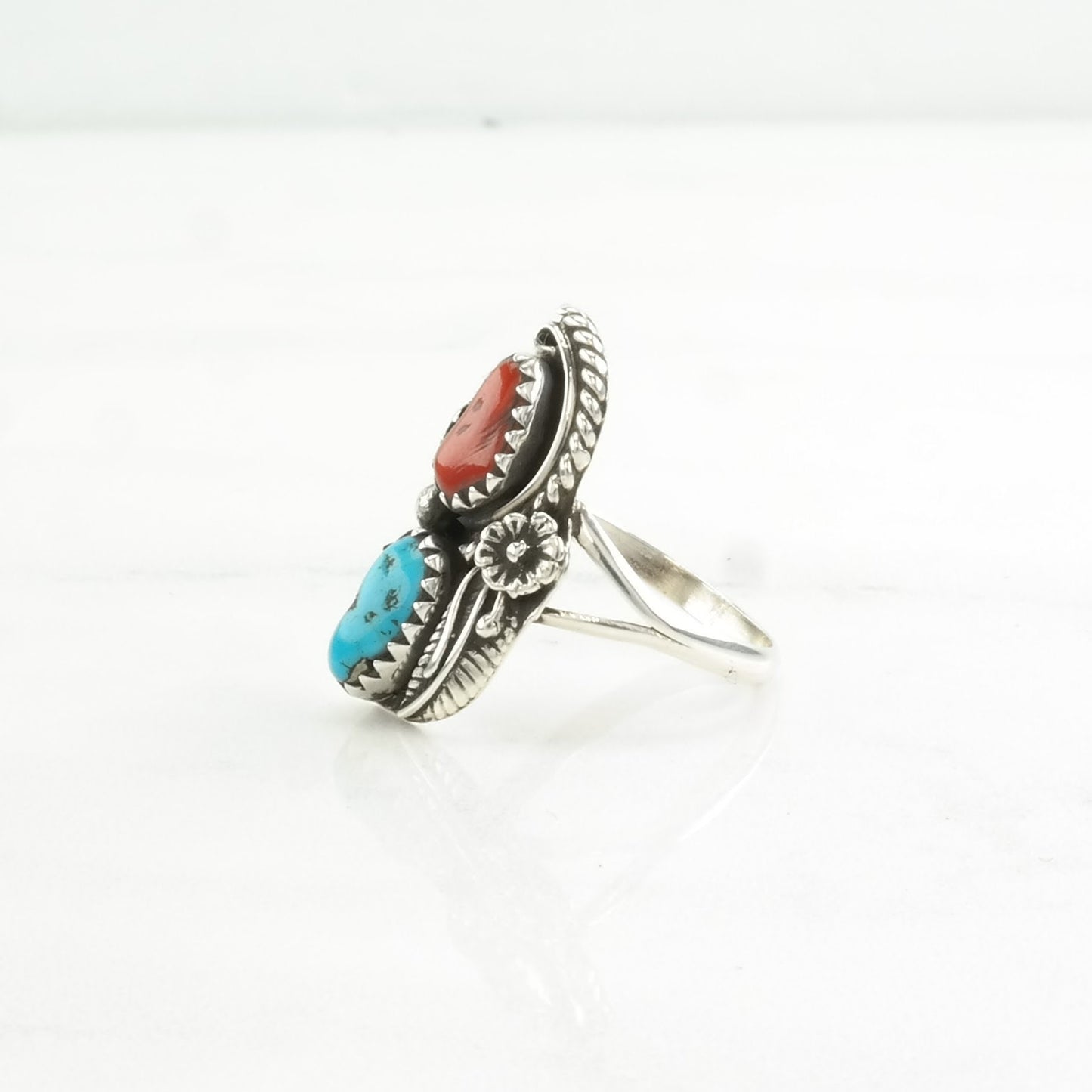 Native American Silver Ring Turquoise, Coral Floral Sterling Blue, Red Size 6 1/4