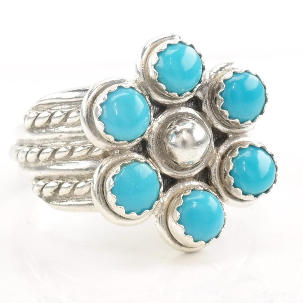 Vintage Southwest Silver Ring Turquoise Cluster Flower Size 6 1/2