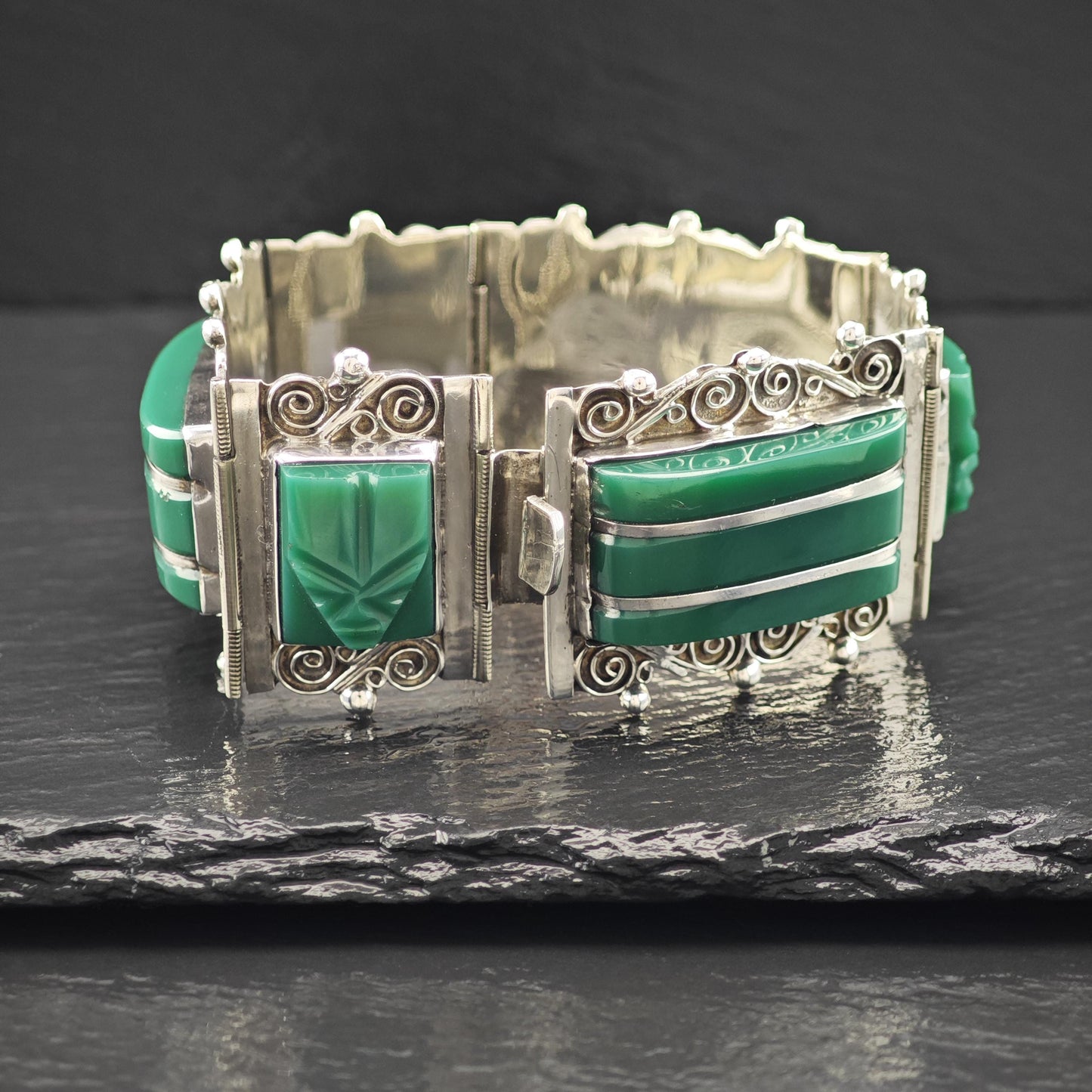 Carved Face Green Onyx Panel Bracelet Sterling Silver Size 7"