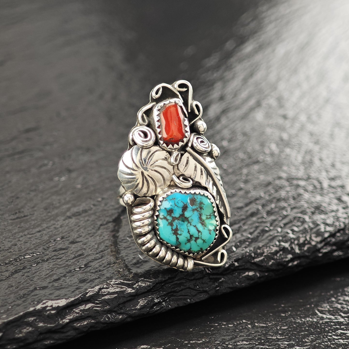 Native American Turquoise Coral Ring Sterling Silver R5825
