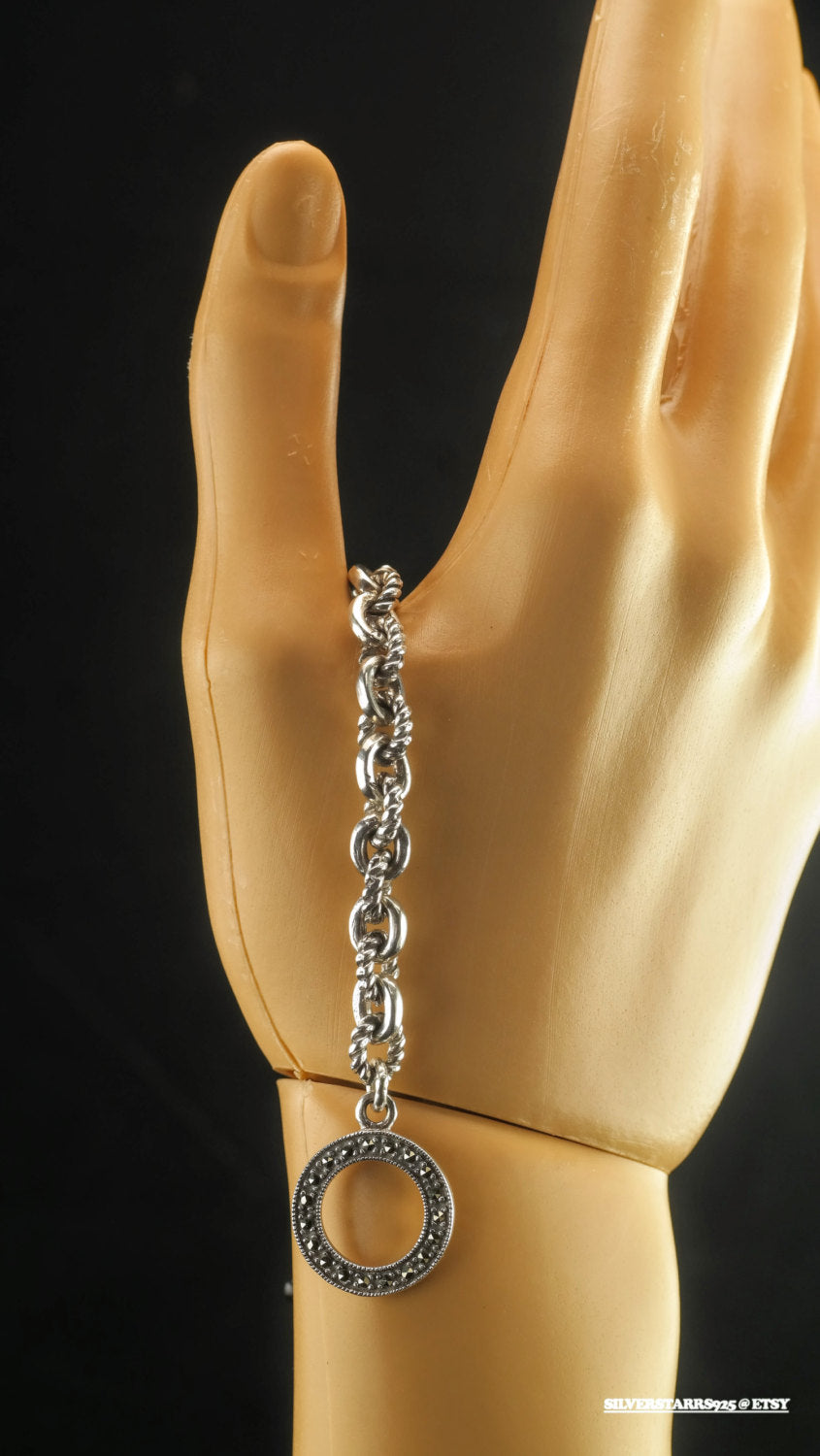 Onyx & Marcasite, Cable Chain, Rope Chain Sterling Silver Link Bracelet 7"