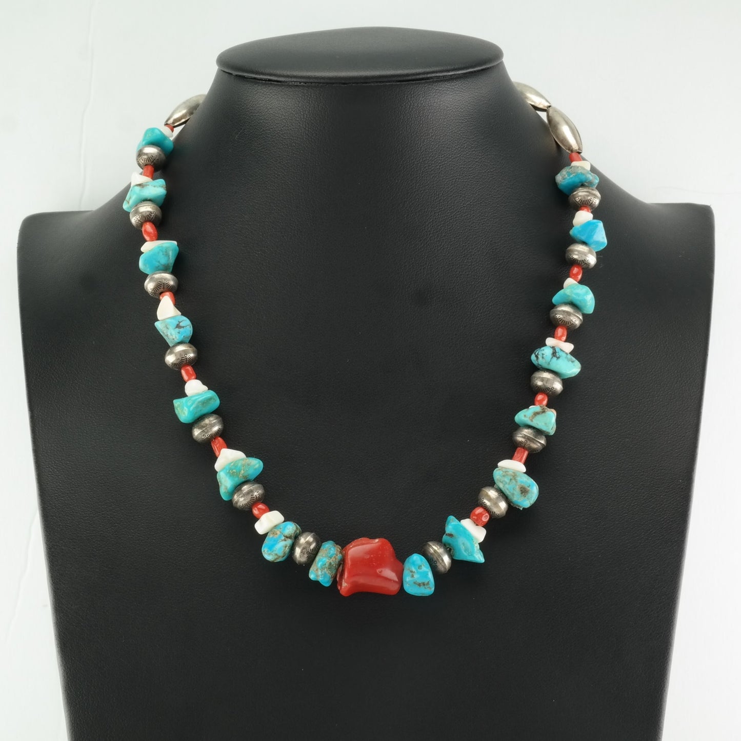 Native American Sterling Silver Turquoise Coral Necklace