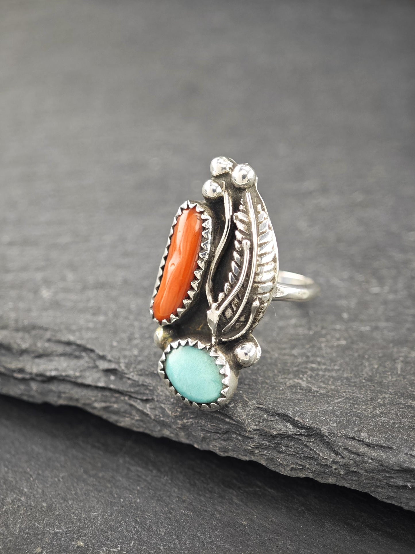 Native American, Coral, Turquoise Ring Sterling Silver