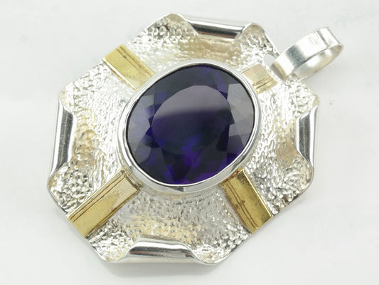 Vintage Modernist Amethyst Gold Hue Accent Sterling Silver Pendant