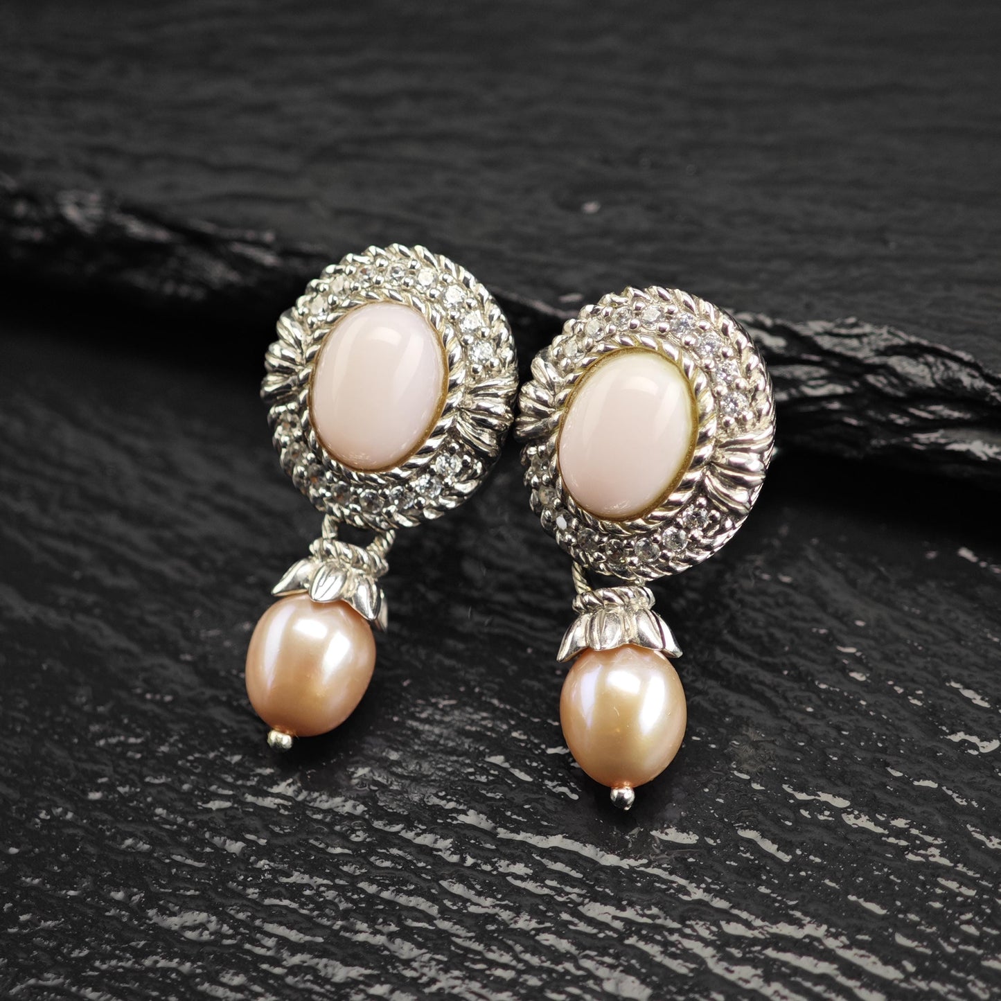 Vintage Judith Ripka Pink Cabochon, Pearl, CZ Omega Back Sterling Silver Earrings ER3195