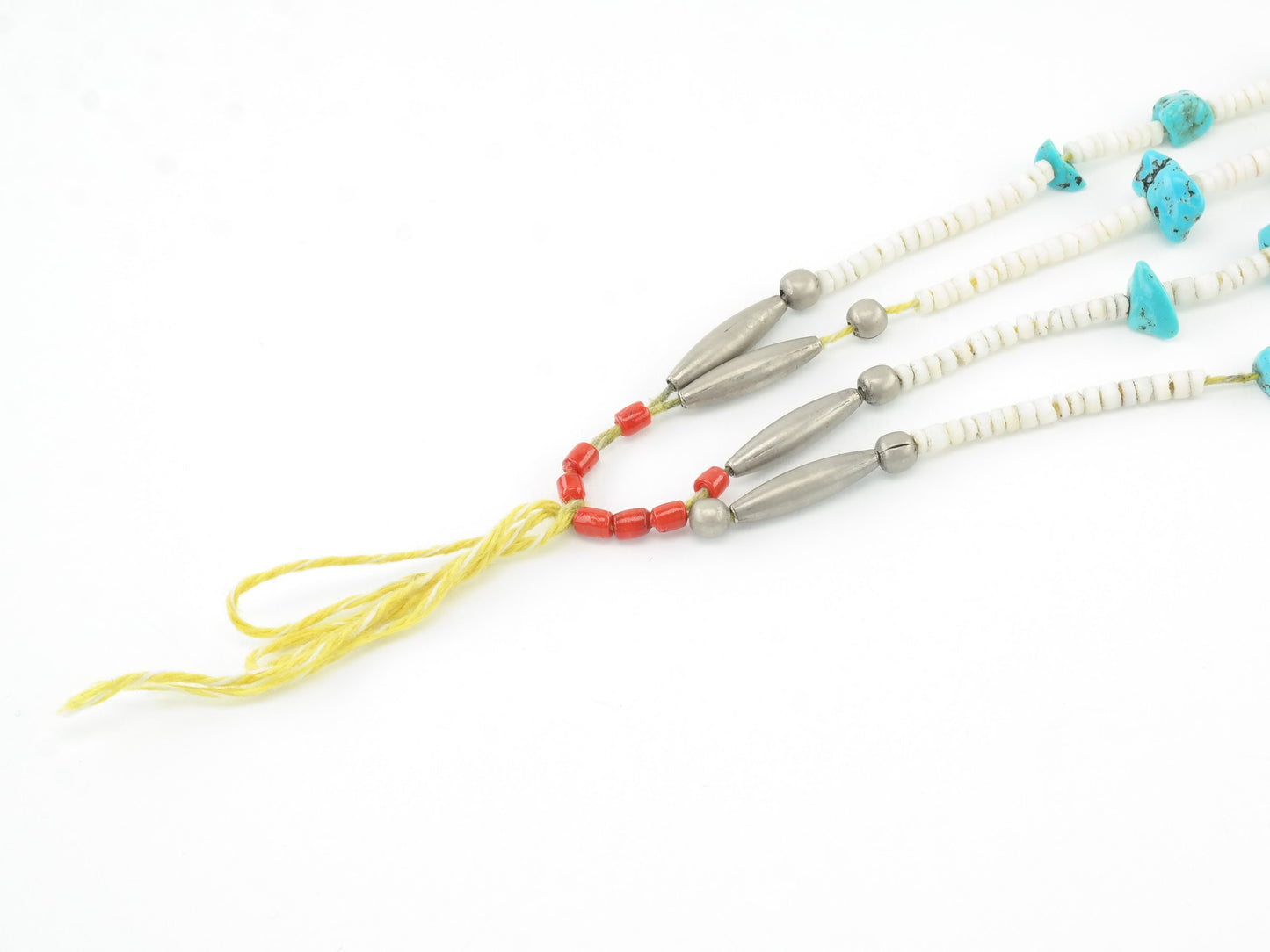 Sw Turquoise, Coral, Shell, Two Strand, Heishi Sterling Silver Bead Necklace N1626