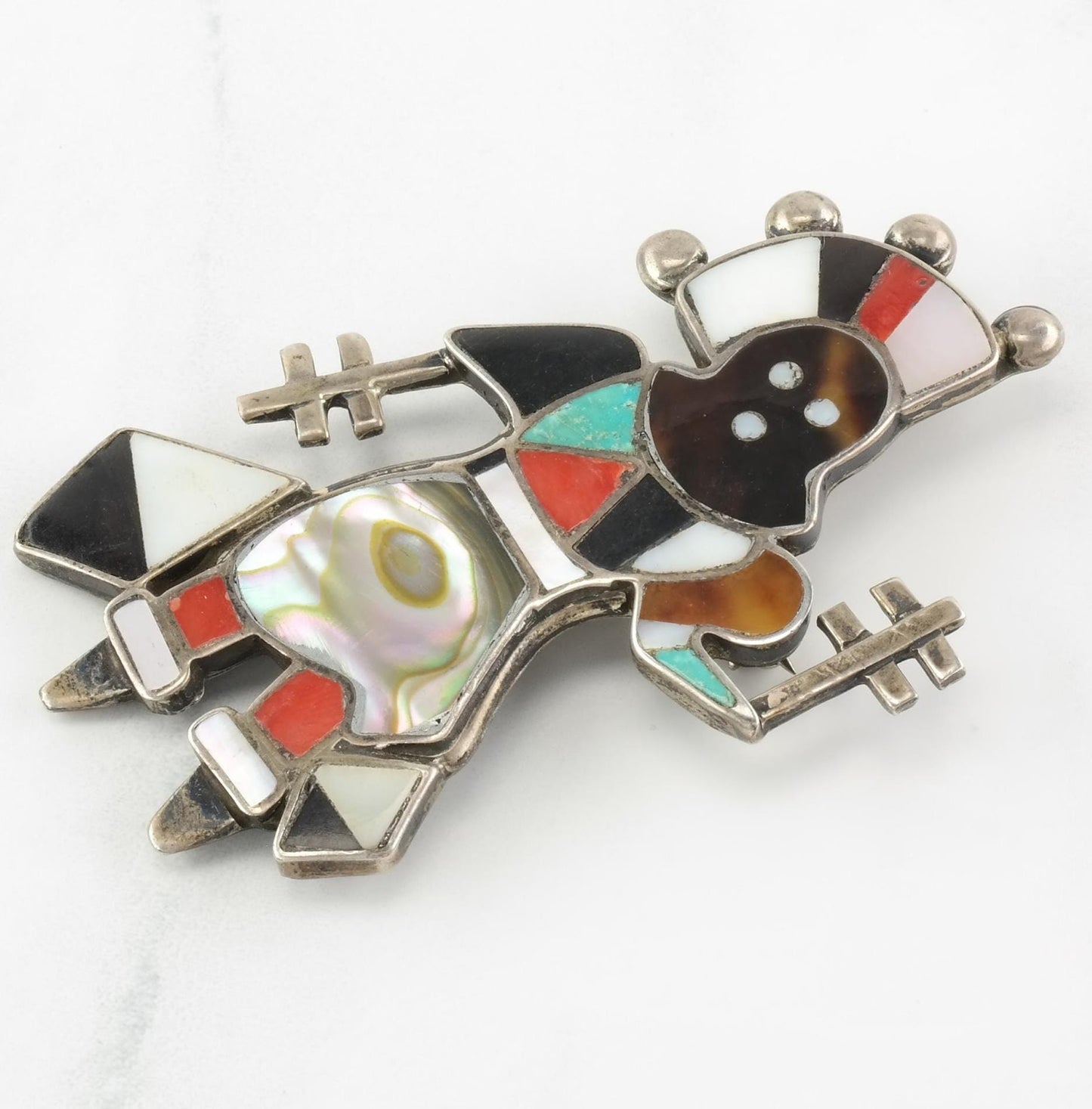 Zuni Brooch Crown Dancer Multi Stone Inlay Sterling Silver