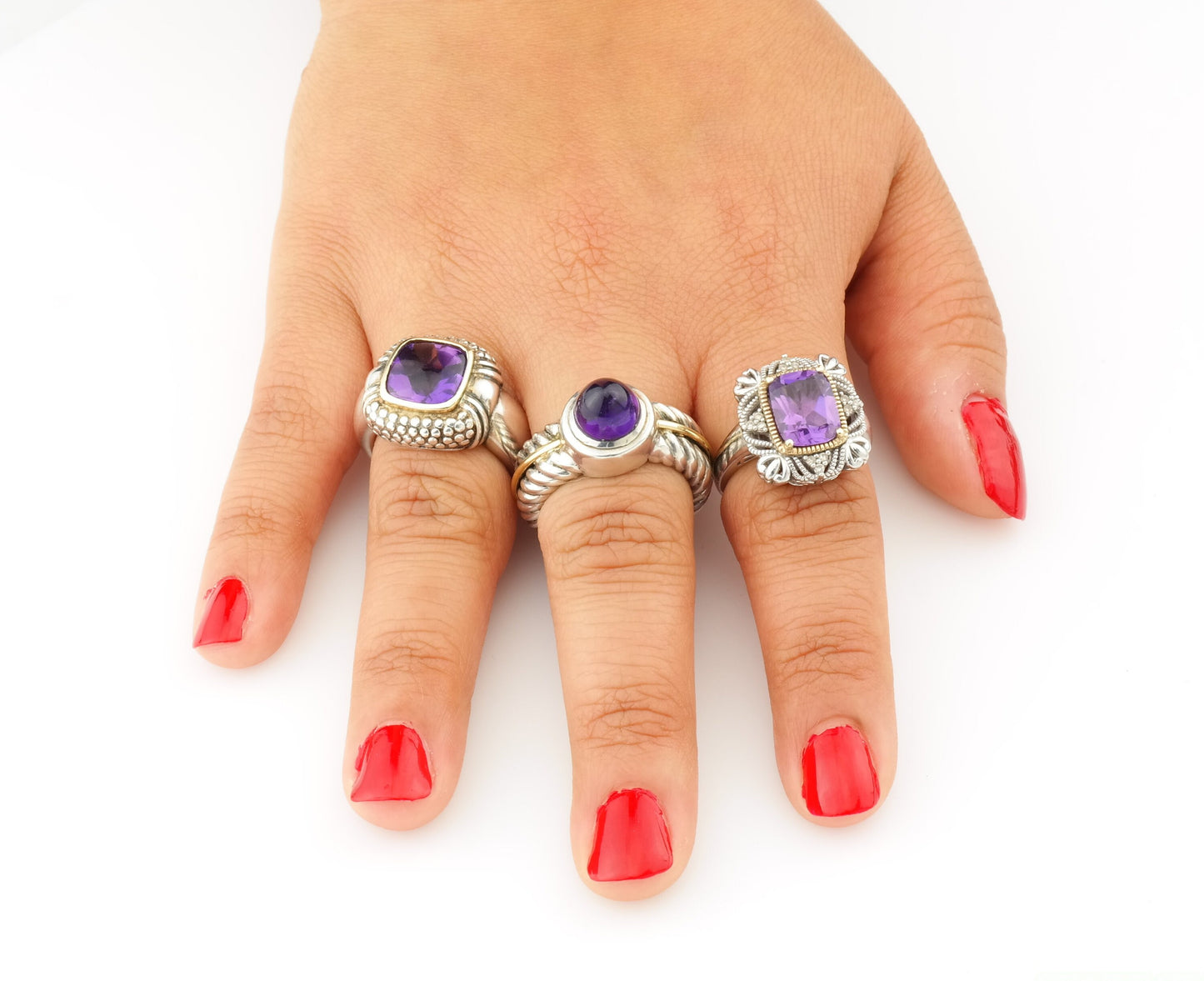 Vintage Sterling Silver & 18K Gold Ring with Purple Amethyst, Size 7.5