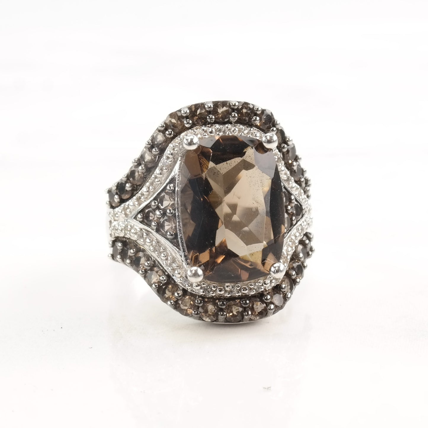 Silver Ring Smoky Quartz Spinel Diamond Accents Size 7