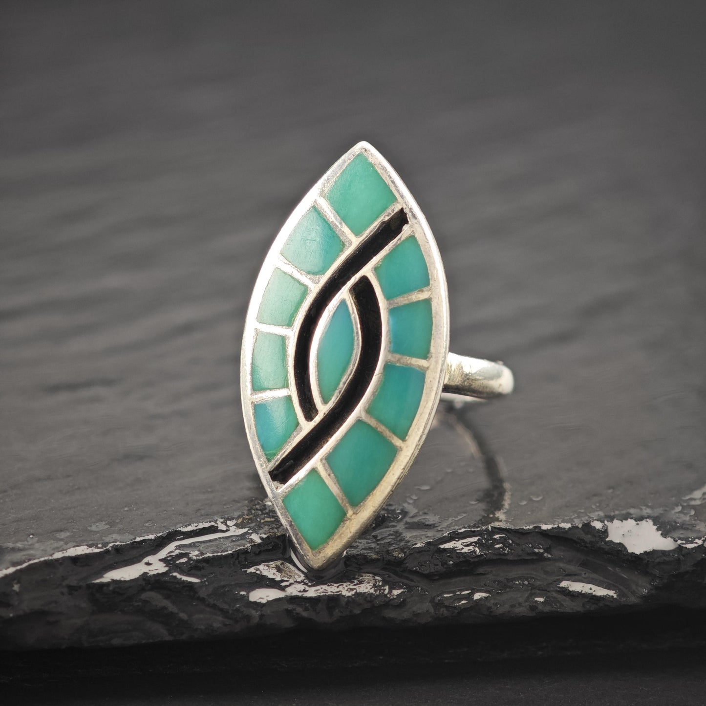 Native American Turquoise Inlay Ring Sterling Silver Sz 5 1/2