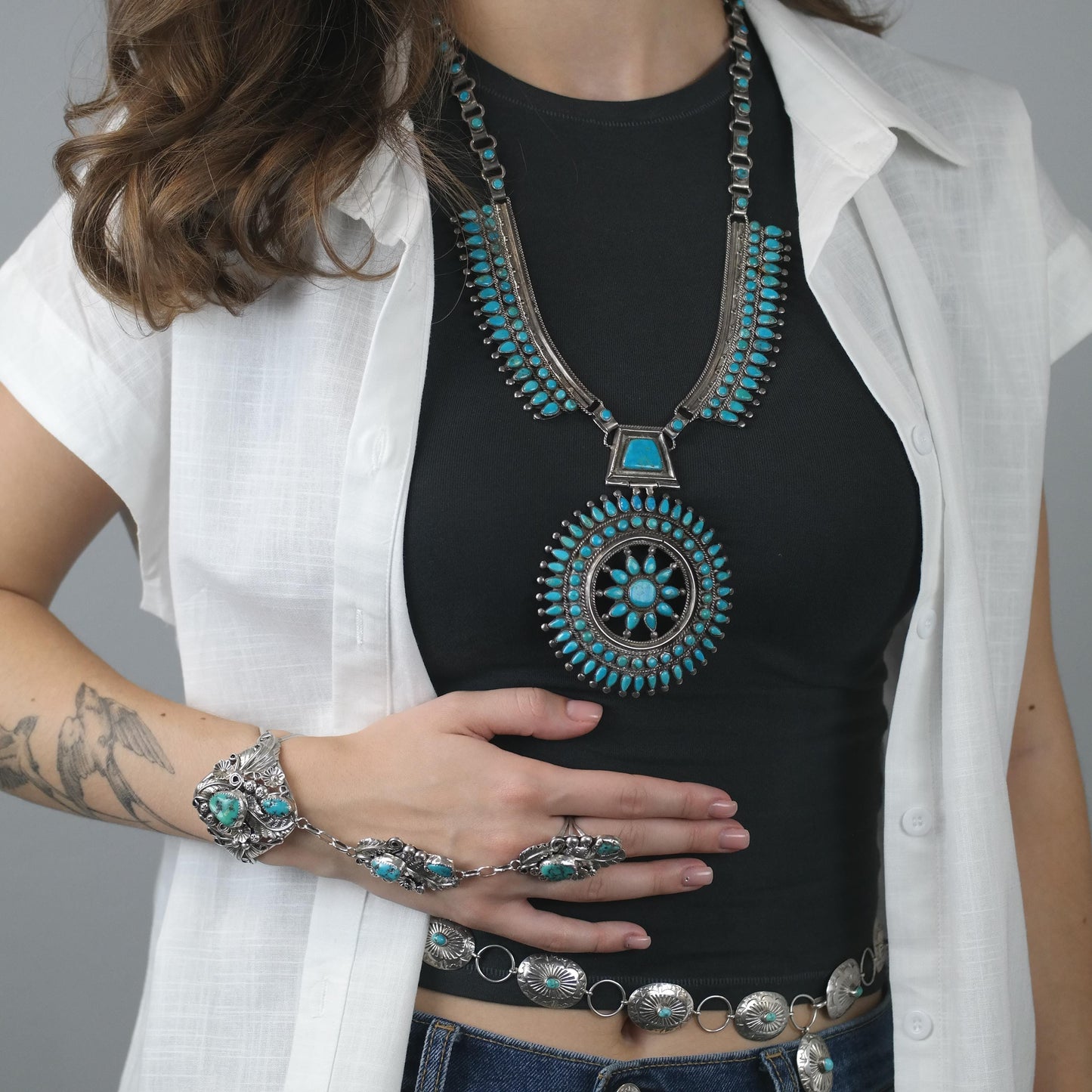 Native American Turquoise Floral Cuff Ring Bracelet Combo Sterling Silver