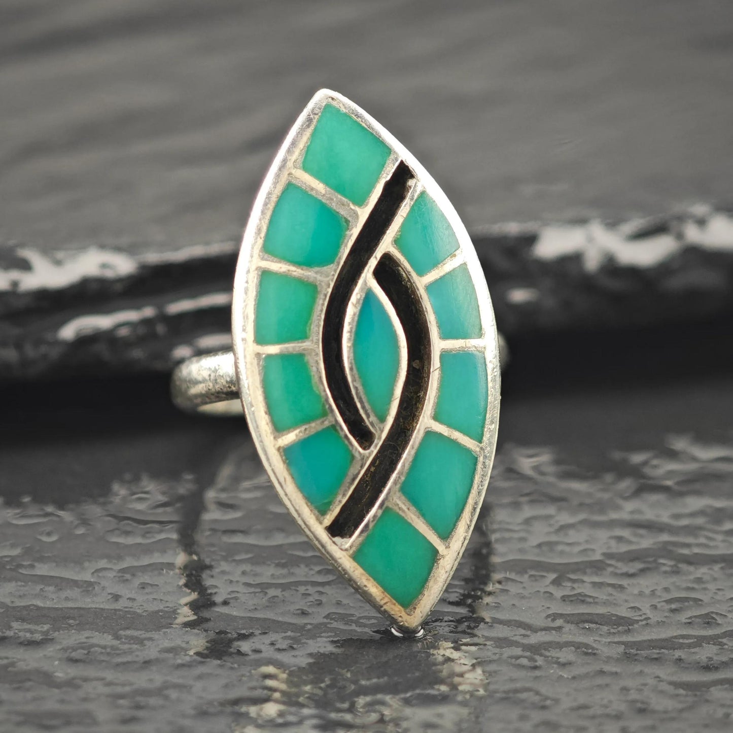 Native American Turquoise Inlay Ring Sterling Silver Sz 5 1/2