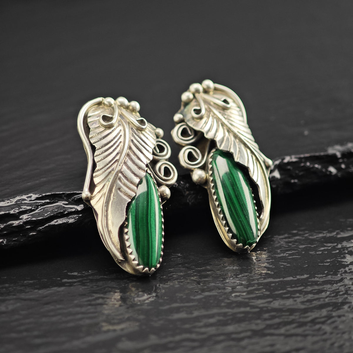 Native American Malachite Feather Detail Sterling Silver Stud Earrings ER3206