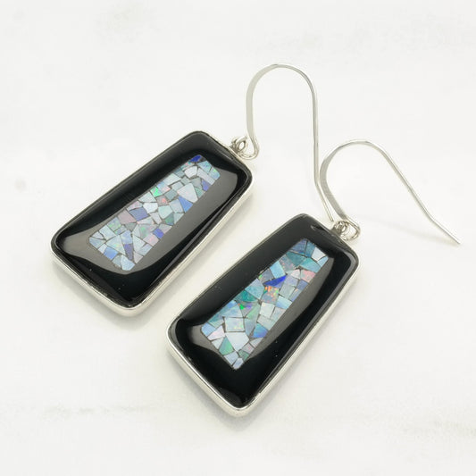 Sterling Silver Onyx, Opal Mosaic Inlay Earrings Fish hook/Dangle