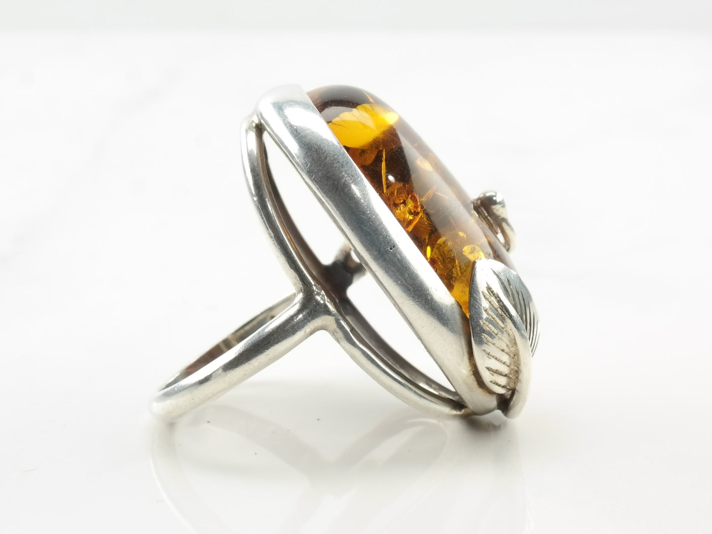 Vintage Sterling Silver Ring Amber Oval Leaf Size 7 3/4