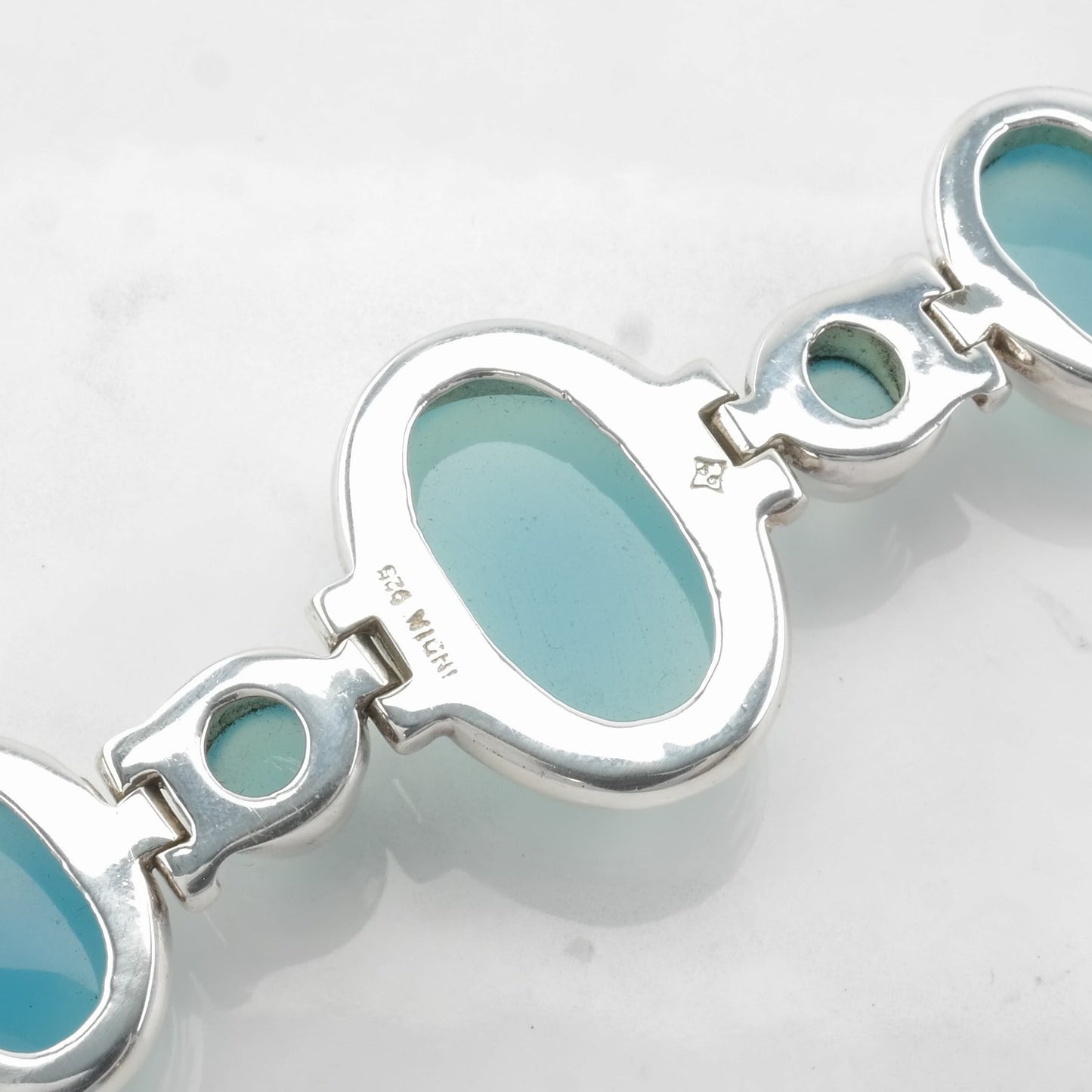 Vintage Blue Gem Silica Bracelet Sterling Silver Link Chalcedony Toggle Clasp